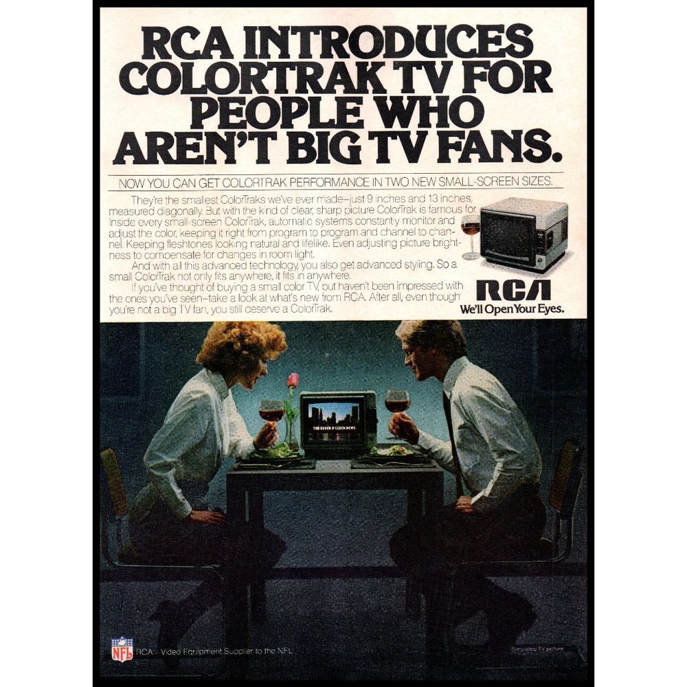 1982 RCA Colortrak Small Screen TV On Vintage Print Ad Red Wine Dinner Wall Art